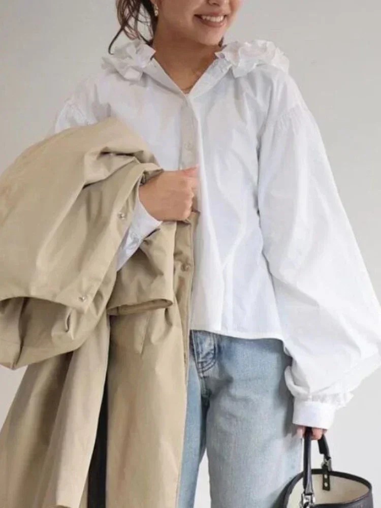 

Новые рубашки со рюшами, топы с капюшоном, рубашки с длинными рукавами, блузки, милые модные белые Blusas Mujer 2024, весенняя женская одежда