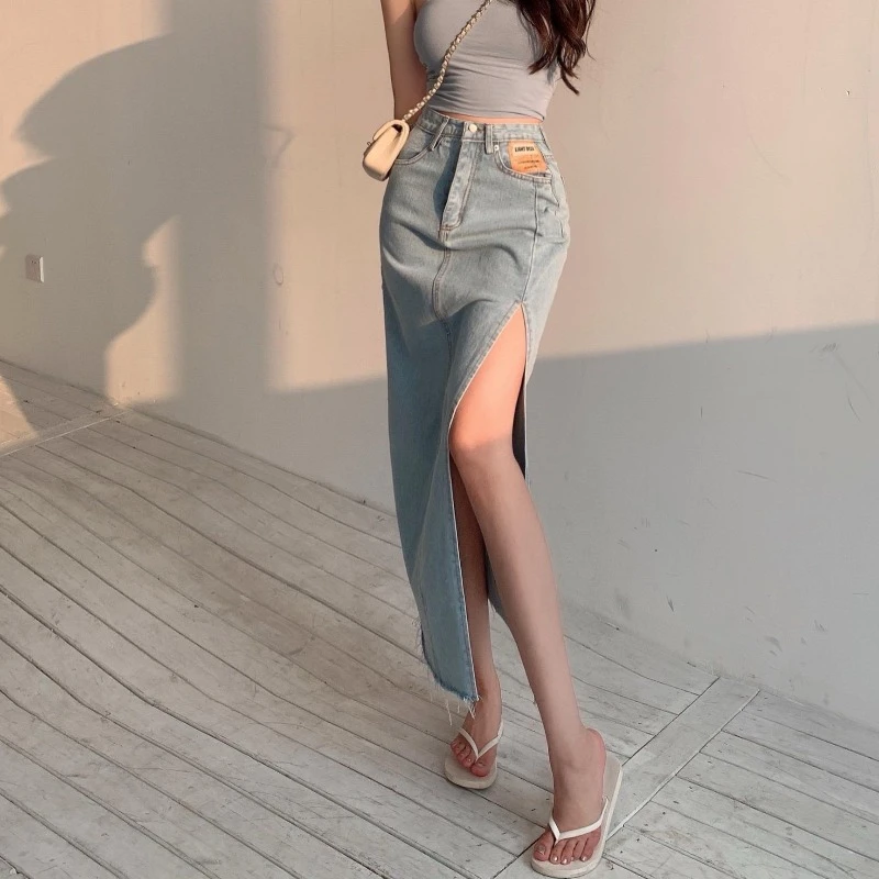 Women's Denim Skirts Summer 2024 Slim Sexy Split Long Skirt High Waist Fashion Blue Solid Color Y2K Jean Skirt for Women