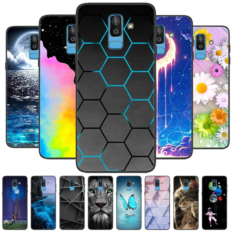 Phone Case For Samsung Galaxy J4 J6 Plus J8 2018 Fashion Painted Soft Back Cover on J6 2018 J6+ J610F Case Black Protective Capa