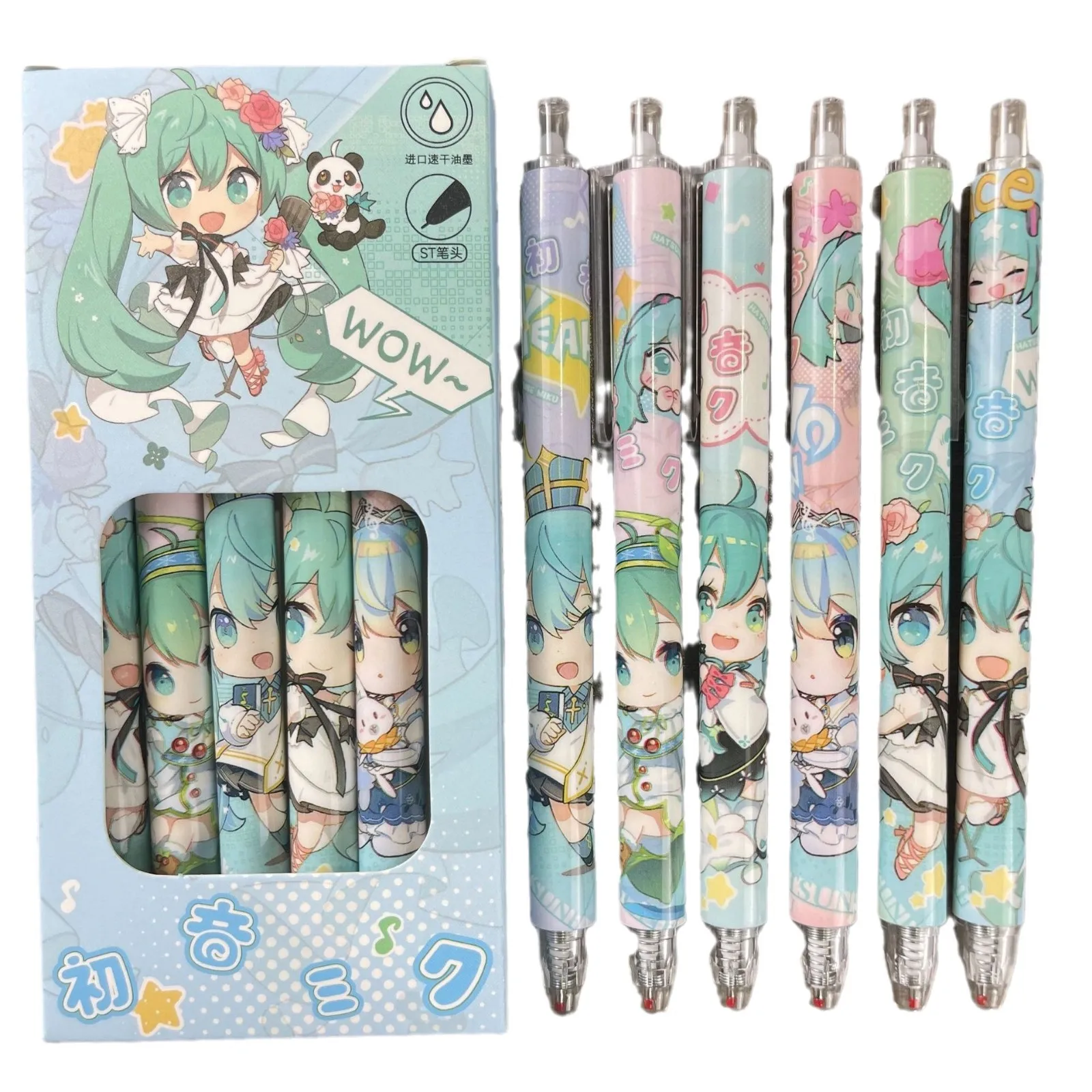 6pcs For Miku Anime Peripheral 0.5mm Black Neutral Pen Kawaii Creative Quick-drying Plastic Press Gel Pen Cartoon Peripheral Gif