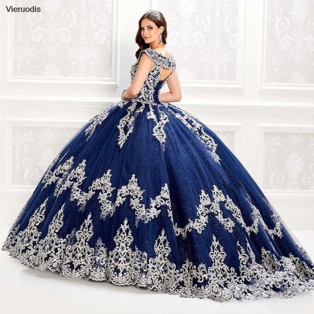 فساتين Quinceanera الزرقاء الرائعة 2021 ثوب حفلة لامعة ترتر تول مثير قطع الظهر صد فستان الدانتيل لمدة 15 سنة حفلة تنكرية #2