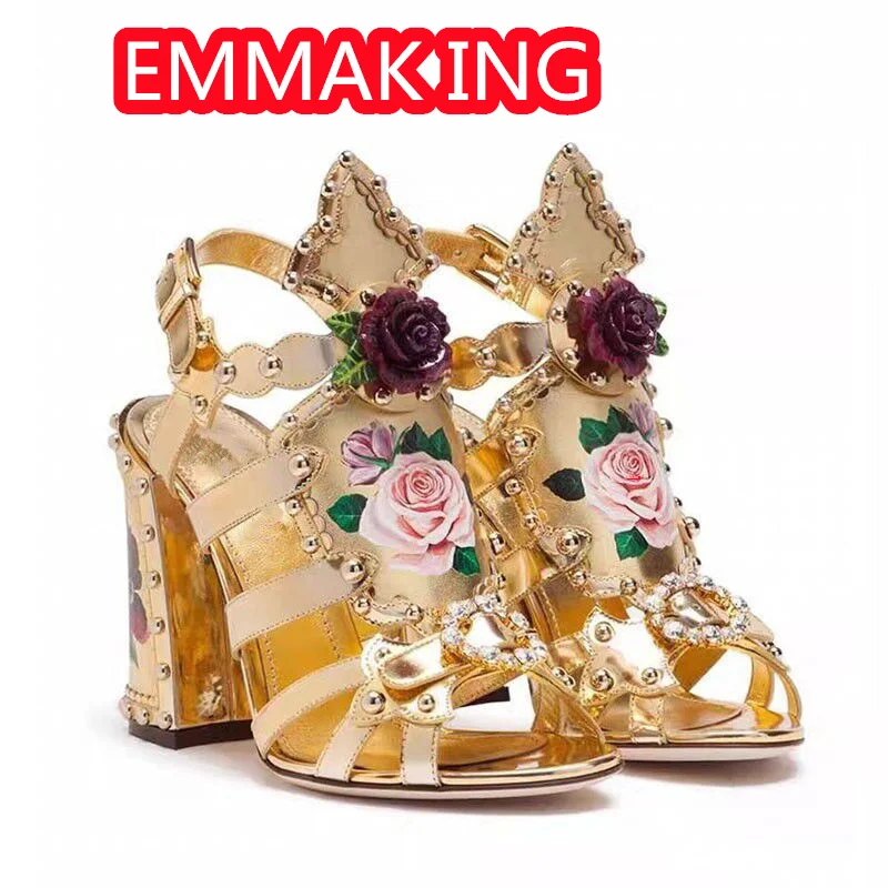 Luxury Flowers Golden Revits Chunky Heels Women 2024 New Round Toe Printing Runway Girl Gladiator Cutout Fashion High Heels Shoe