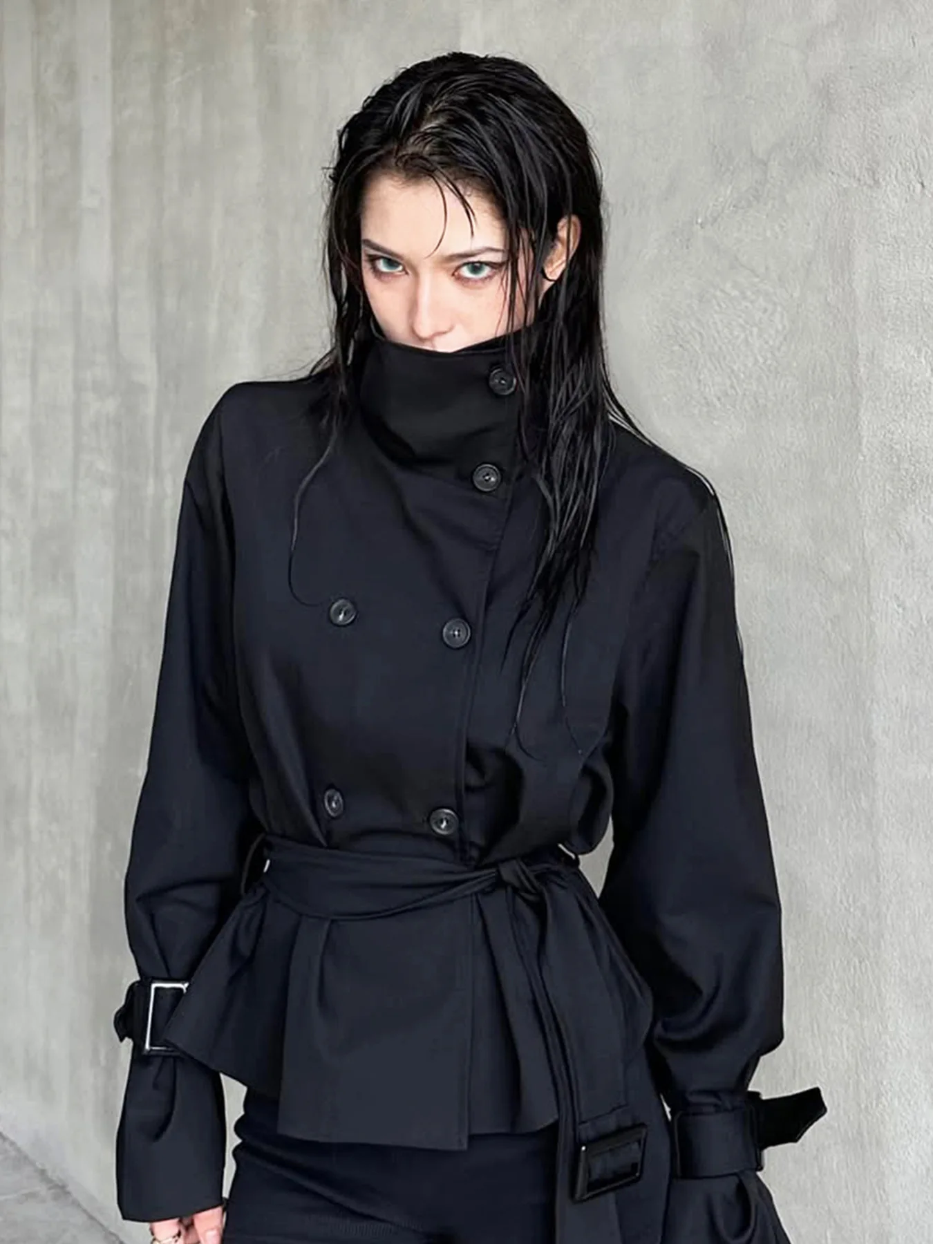 Women Stand Collar Double Breasted Short Trench Coat Autumn Waist Belt Slim Fit Jacket Long Sleeve Windbreaker Solid Black Casua