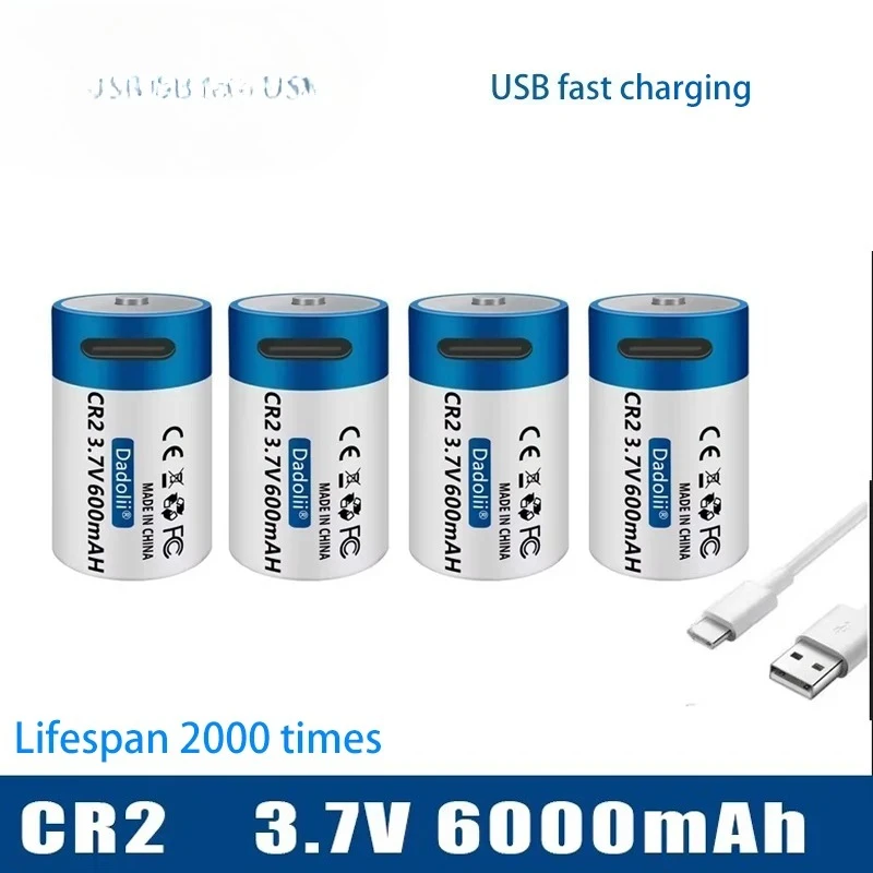 USB Fast Charging CR2 Battery 3.7V 6000mAh Lithium Battery for GPS Security System Cameras, Medical Equipment Cameras