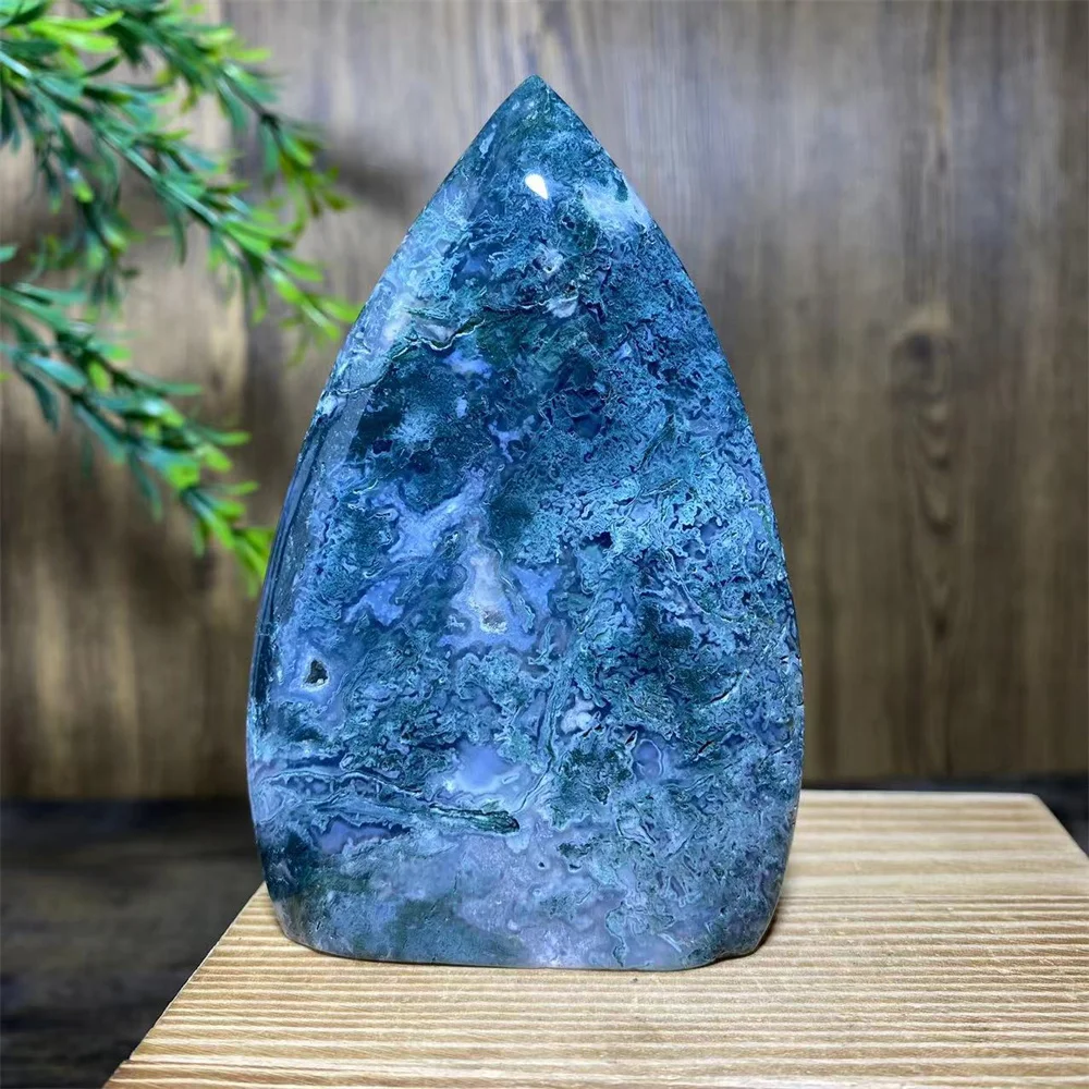 Natural Crystal Stone Moss Agate Free Form Flame Tower Point Beauty Energy Healing Room Decoration Carving Ornaments