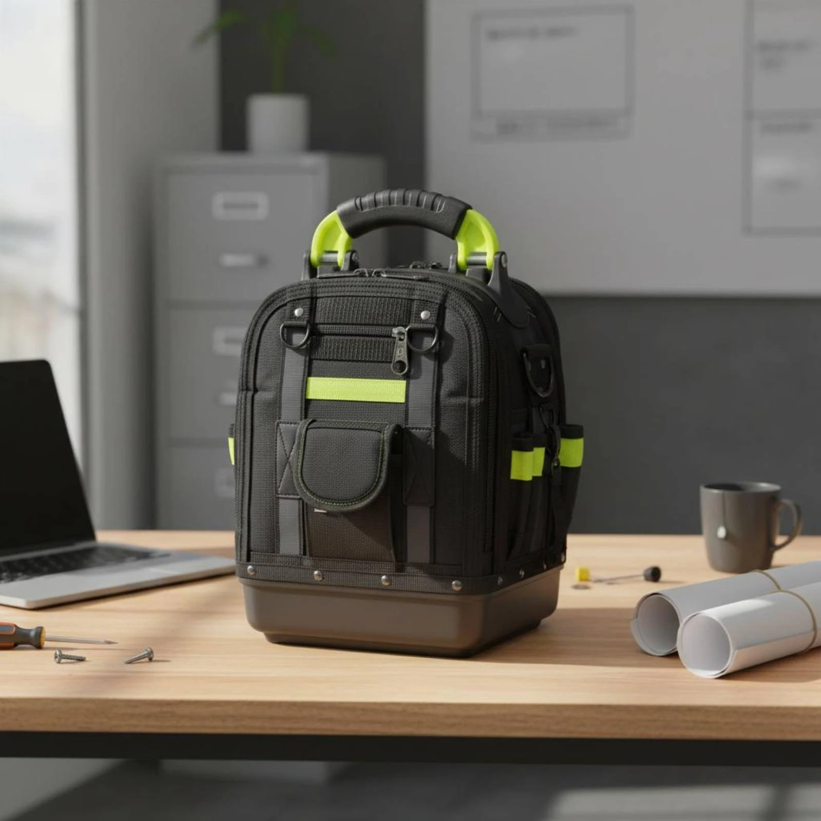 

Boxy Tool Backpack Molded Bottom Multifunction Tool Bag Work Gear Reinforced Top Handle for Jobsite