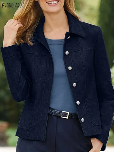 Imagen 2 del producto ZANZEA-abrigos vaqueros para mujer, chaquetas con cuello de solapa a la moda, prendas de vestir de manga larga, Tops holgados informales con cintura y bolsillo Vintage 2024