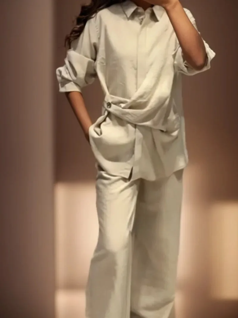 

Fashion Pants Suit Women Outfit 2025 Autumn New Women Button Decorated Double Placket Shirt Casual Pants Women Two-piece Sets