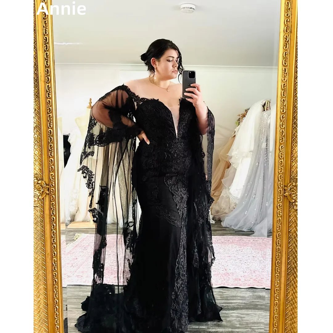 

Annie Готические черные платья для выпускного вечера Тюлевое кружево с вышивкой Роскошные вечерние платья Сексуальная русалка Lady Robes De Soirée по индивидуальному заказу