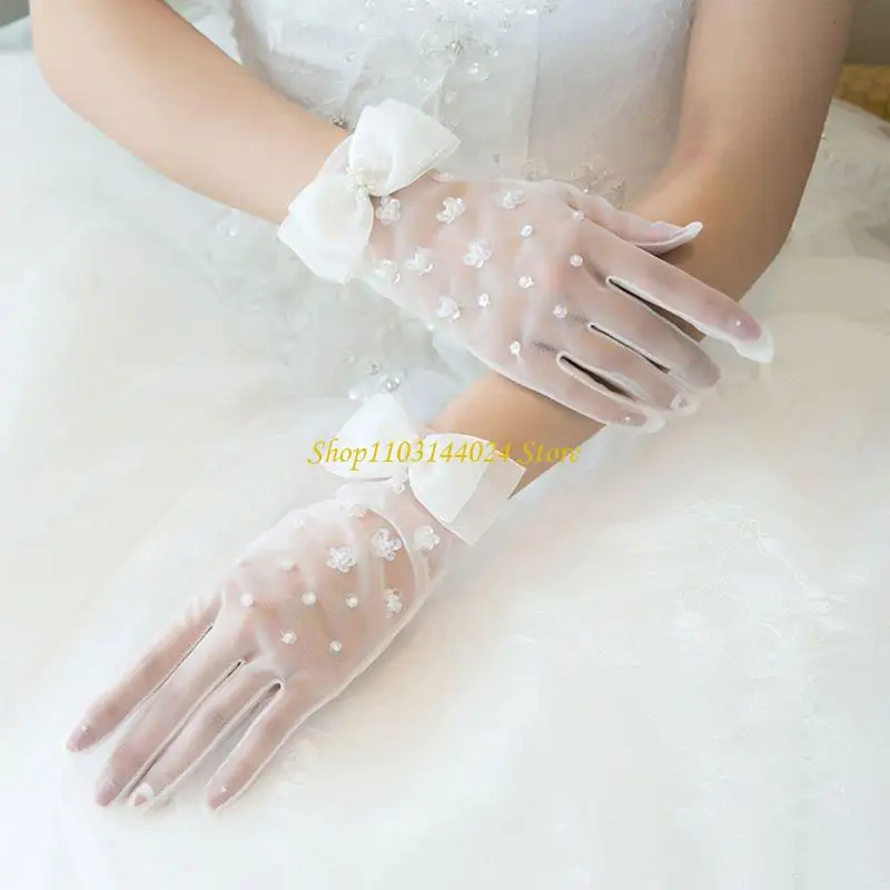 N5KE 1920er-Jahre-Opern-Party-Mesh-Vollfinger-Handschuhe mit Schleife für Sonne zum Schutz, Weiß, M – Detail 2
