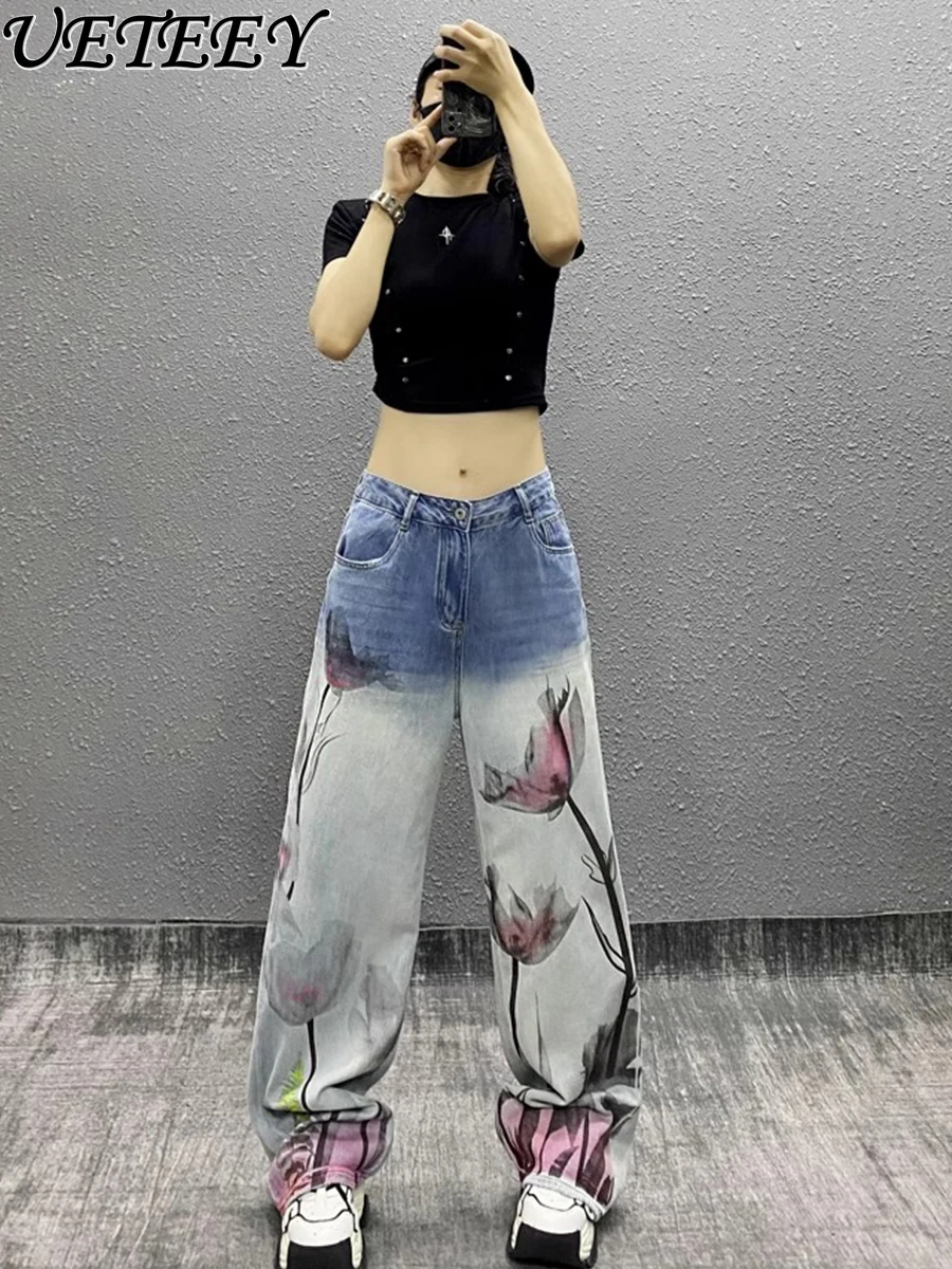 American Retro Ink Printing Color Matching Wide-leg Baggy Jeans Women's Autumn Winter New Loose Straight Mopping Denim Pants