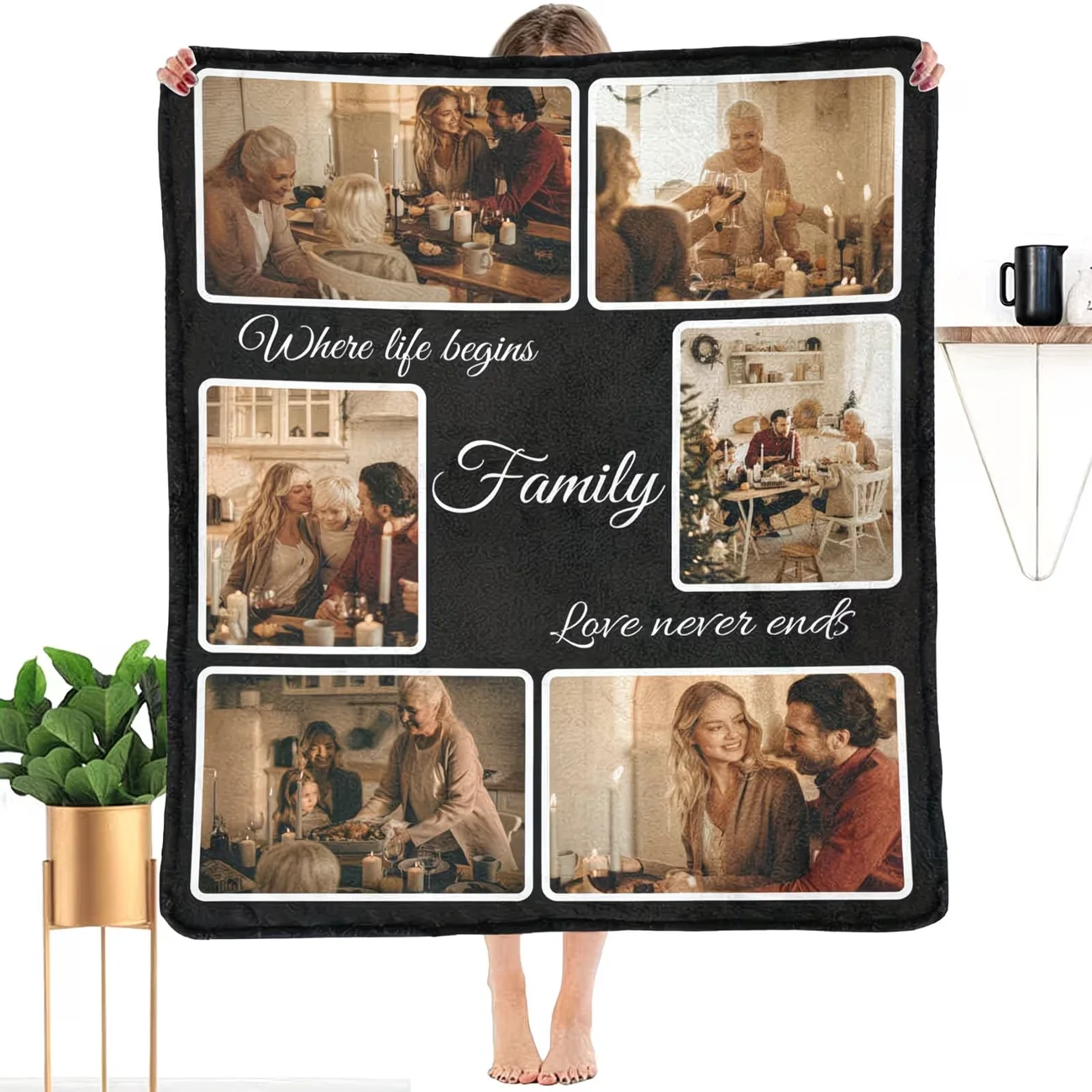 Personalized photo blanket customization, allowing for the inclusion of photos and text, customizable collage design. A lightwei
