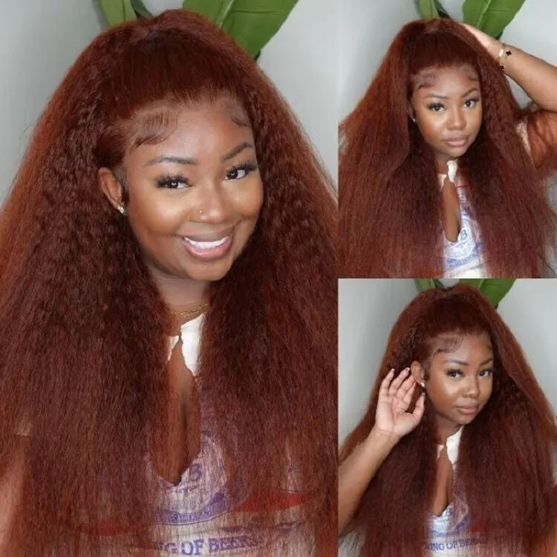 

#33 Reddish Brown Kinky Straight Human Hair Wig 13x4 HD Lace Frontal Wig Yaki Straight Brazilian Raw Human Hair Wig 250% Density