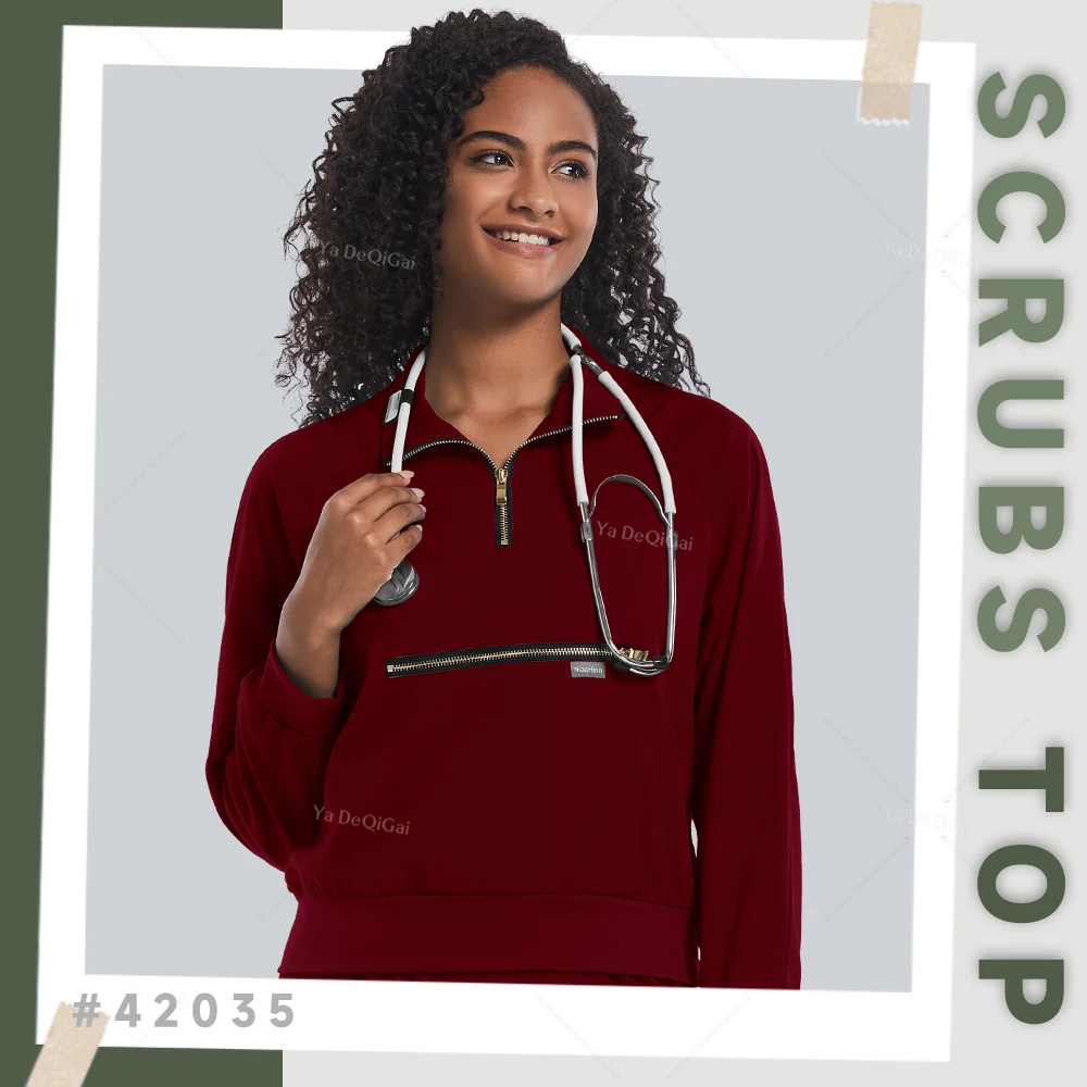 Scrubs Top giacca da jogging a maniche lunghe uniforme da salone di bellezza da donna personalizzata con risvolto con Zip tasche per cappotto smerigliato Top da infermiera medica