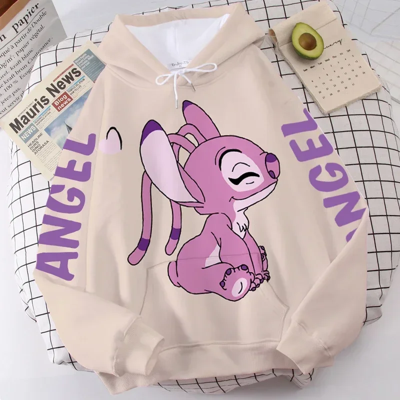 Disney Hoodie Fashion Stitch Angel Monster Letter Cartoon Sweatshirt Pullover Cute Harajuku Unisex Women\'s Pocket Top