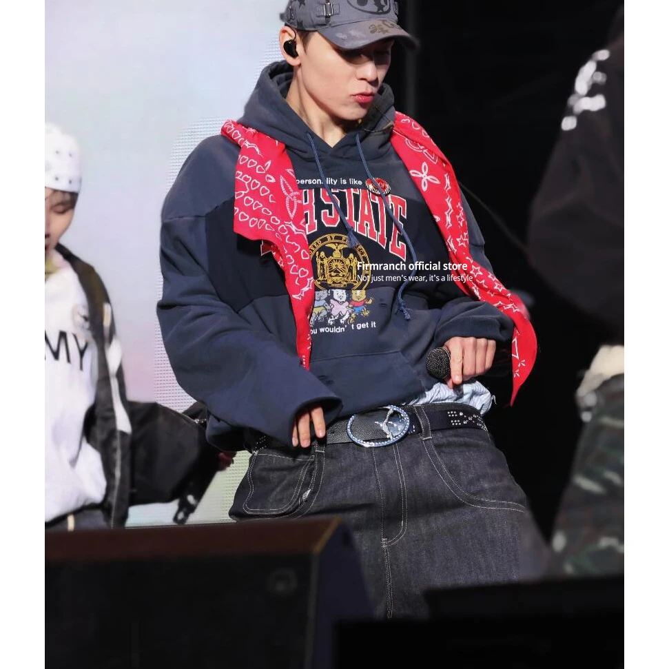 Firmranch 25ss Korean Fashion Vintage Distressed, Worn-out, Patchwork, Letter Print Hoodie For Men And Women Hooded Sweatshirt