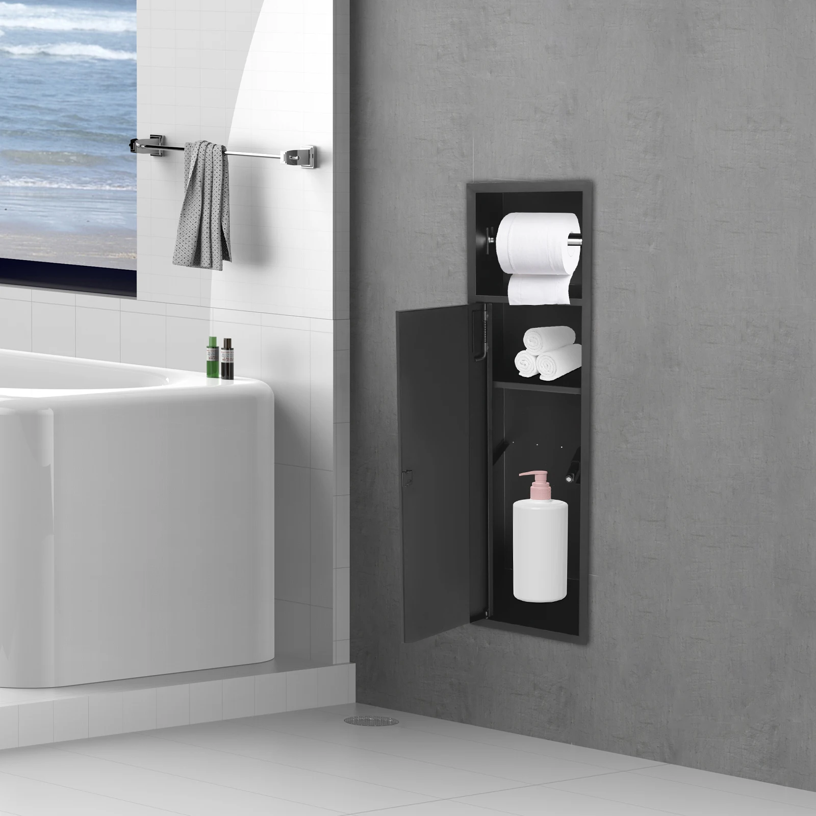 Doppelschichtiger Badezimmerschrank, Badezimmer-Nischen-Shampoo-Taschentuch-Aufbewahrungsregal, 63 x 15 x 15 cm, mit Toilettenpapierhalter – Detail 7