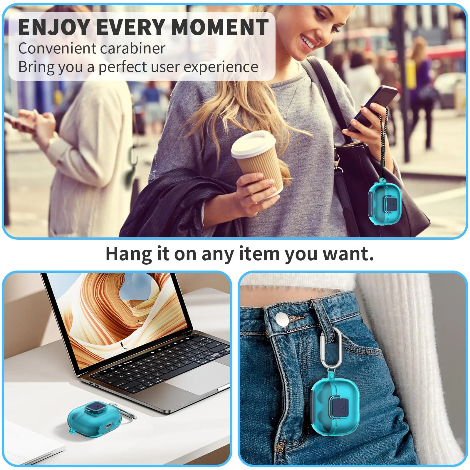 قفل آمن لهاتف سامسونج جالاكسي بادز 3 برو، غطاء حماية أزرق شفاف مع مجموعة تنظيف وسلسلة مفاتيح لهاتف سامسونج جالاكسي بادز 3