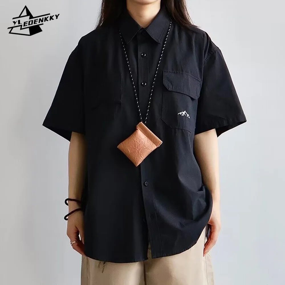 

Yama Style Cargo Shirt Men Women Vintage Loose Casual Half Sleeve Tops Solid Color Simple Lapel T-shirt Summer Unisex Streetwear