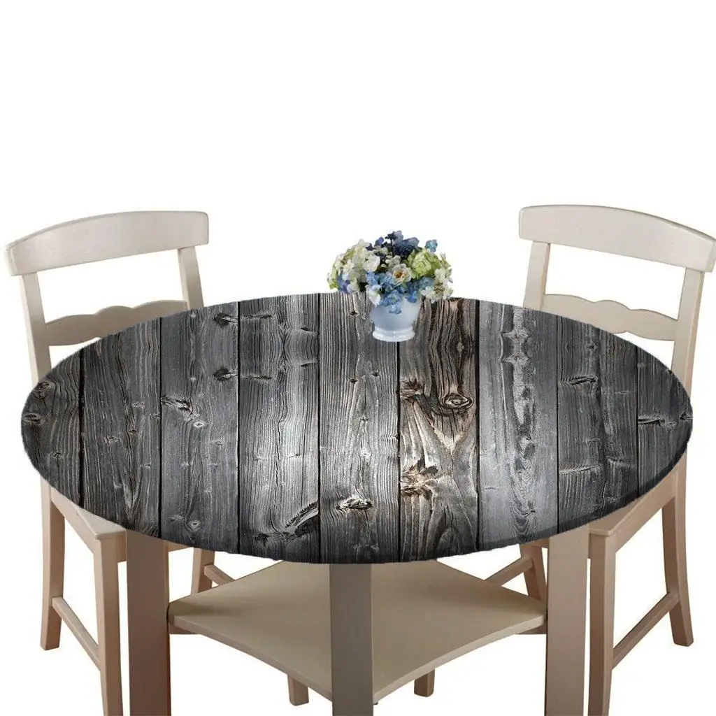 Round Elastic Table Cover Non-slip Waterproof Tablecloth Vinyl Polyester Backing for Dining Room and Outdoor Use