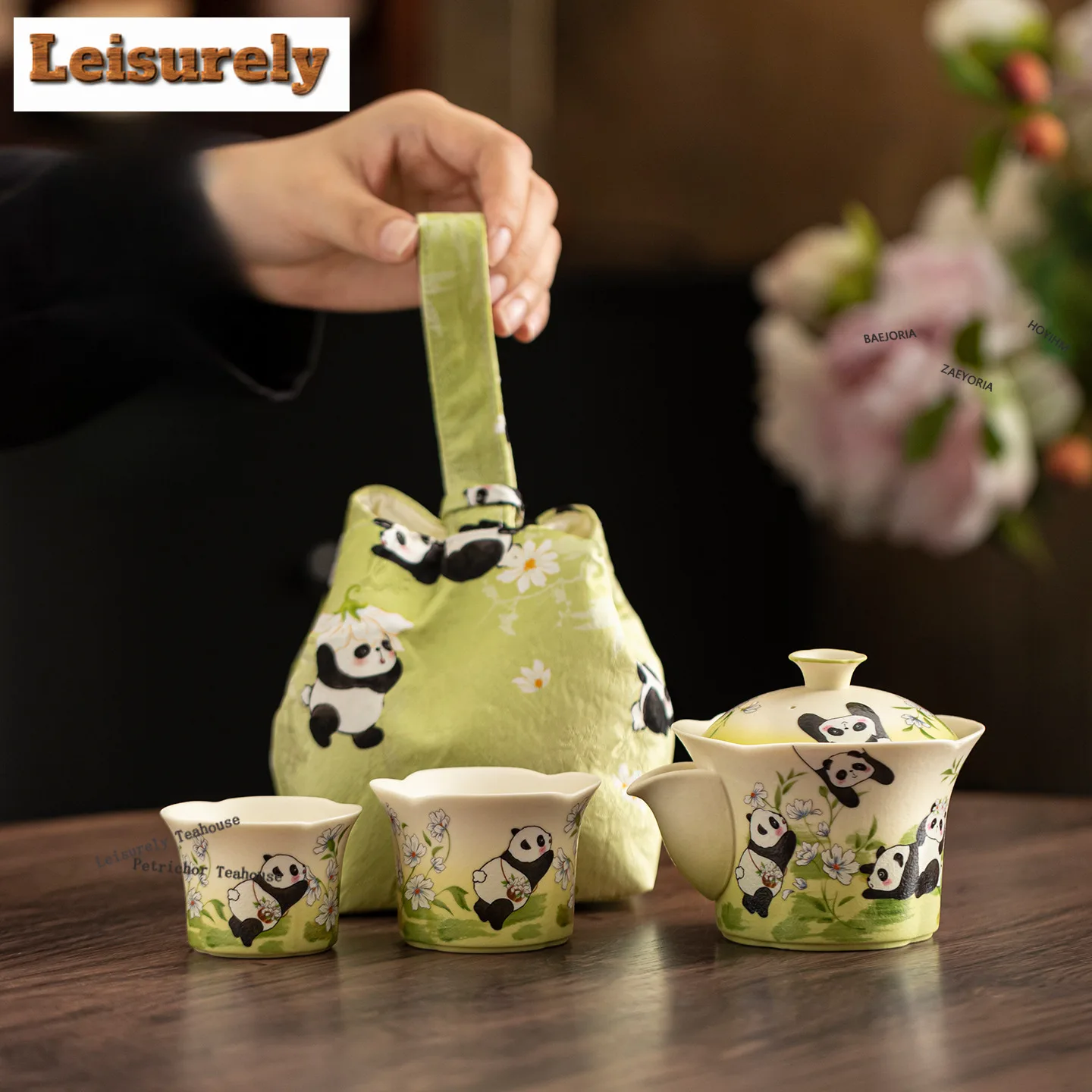 HOYIHM Rock White Panda Spring Travel Tea Set Kit Antique 1 Pot 2 Cups Tea Brewing Organizer Portable Camping Handbag Decoration