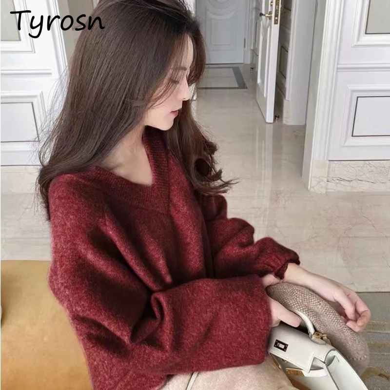 

Pullovers Women V-neck Solid Thicker Simplicity Streetwear Soft Chic Korean Style Autumn Casual Temperament Design Lazy Style