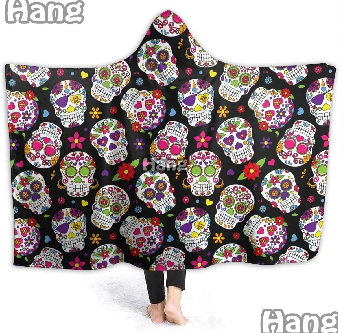 Sugar Skull Hoodie Blanket Wearable Throw Blankets for Couch Blanket Hooded for Baby Kids Men Women