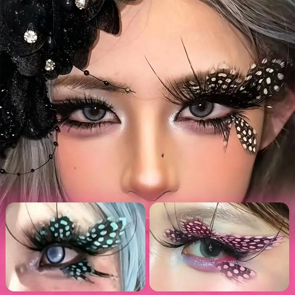 Creative Colorful Feather False Eyelashes Exaggerated Drama Stage Party Speckled Thick Feather Bushy Eyelashes Makeup TooL