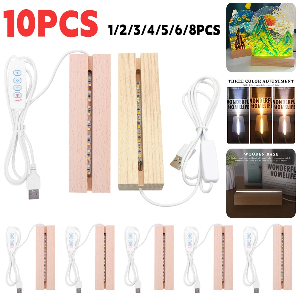 1-10PCS LED Wood Light Display Crystal Wooden Light Base Stand Acrylic Light Plate Base USB Wooden Base for Resin Art Lights