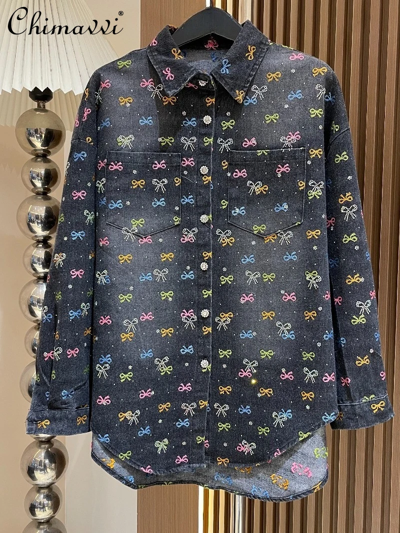 

2026 Spring Autumn Heavy Hotfix Rhinestone Embroidered Bow Long Sleeve Denim Shirt Women's Loose Casual Fashion Top Jacket