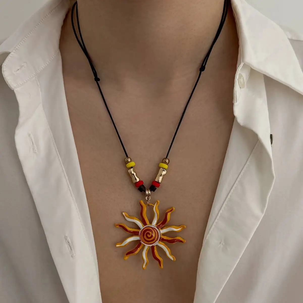 SHIXIN Trend Personality Alloy Oil Dripping Sun Pendant Necklace Women Retro Geometry Black Rope Clavicle Chain Fashion Jewelry