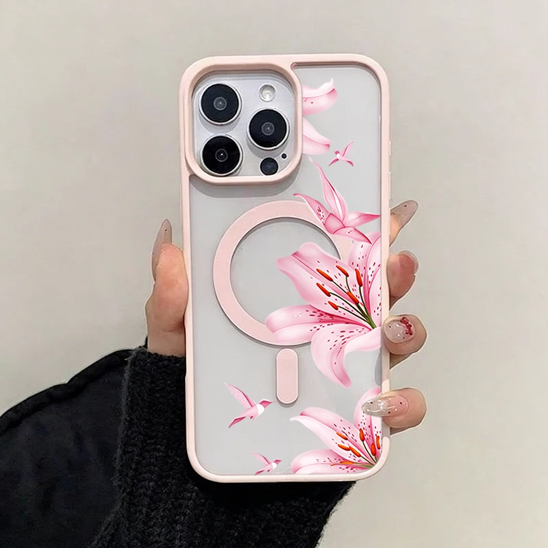 Pink Flower And Birds Magnetic Case For iPhone 17 16 11 13 12 14 15 Pro Max Plus Air 17E 16E For Magsafe Wireless Charging Cover