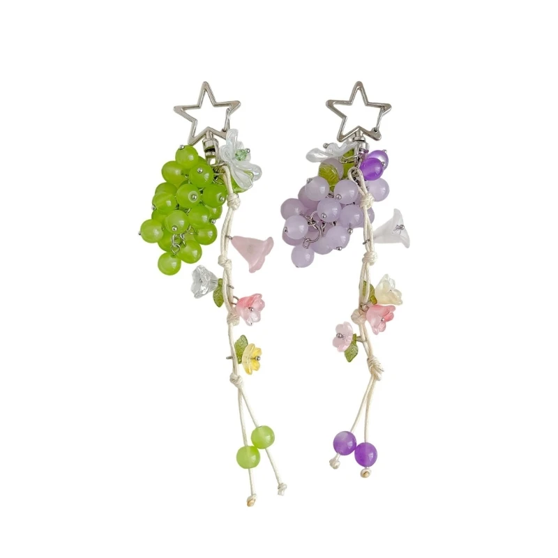F2TD Cute Grape Key Ring Charm with Star Clasp and Long Drop Design for Key Organization, Bag Styling and Journal Use