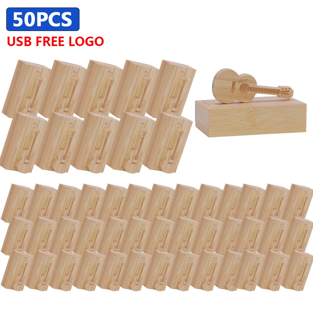 50 PCS LOT Wood Guitar USB Flash Drive 128GB Free Custom Logo Pen Drive 64GB Wooden Box Memory Stick Creative Gifts U Disk 32GB