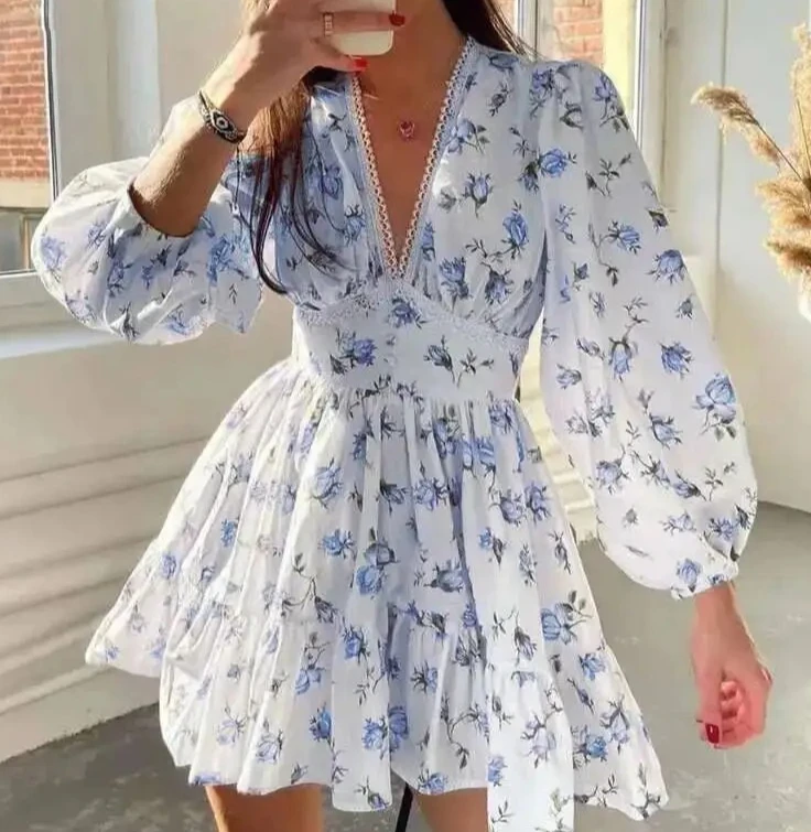 Mini abito da donna con stampa floreale a vita alta A-Line abiti estivi a maniche lunghe con scollo a V abiti casual da vacanza al mare vintage