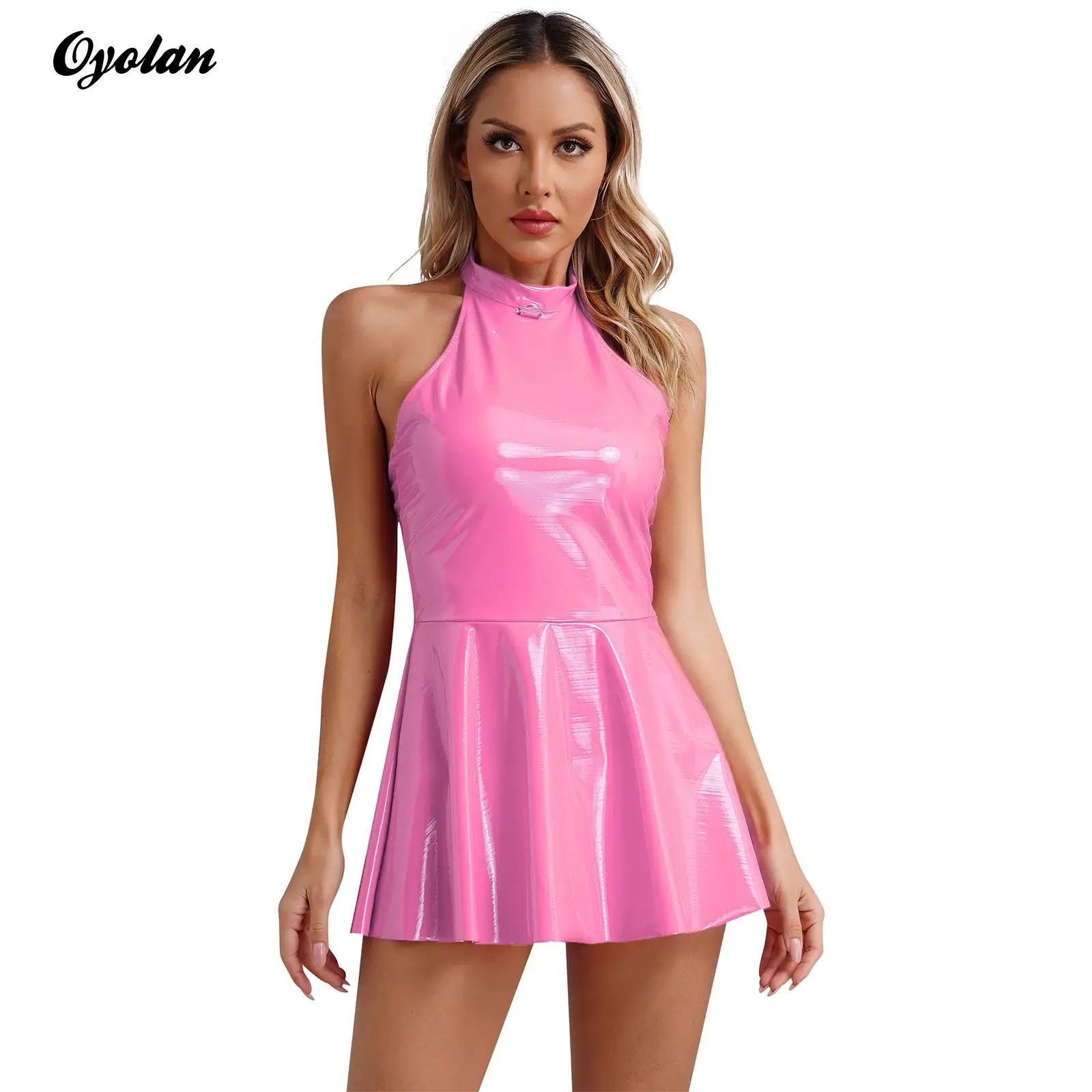 

Womens Disco Party Swing Skirt Dress Latex Rave Clubwear Glossy Patent Leather Clubwear Halter Sleeveless Skater Mini Dress