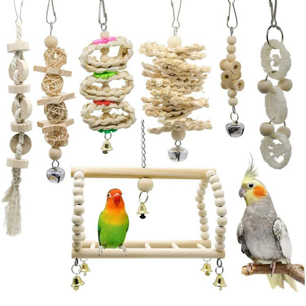 7PCS Set Combination Parrot Bird Toys Wood Articles Bite Pet Bird Toys For Parrot Training Bird Toy Swing Ball Bell Standi