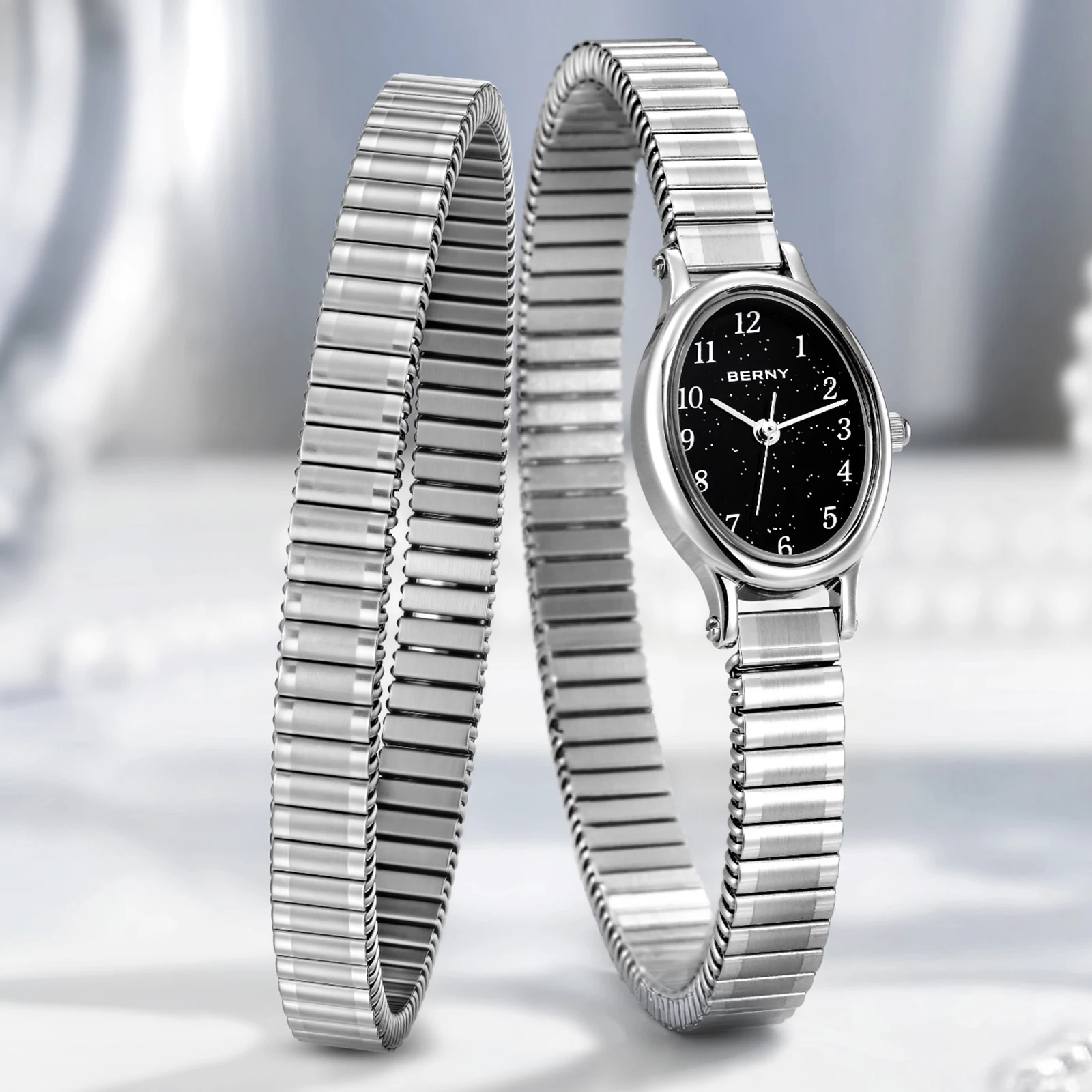 BERNY Watches for Women Luxury Casual Elastic Strap Dress Ladies Watch Stretch Bangle Stainless Steel Easy Read Wristwatch