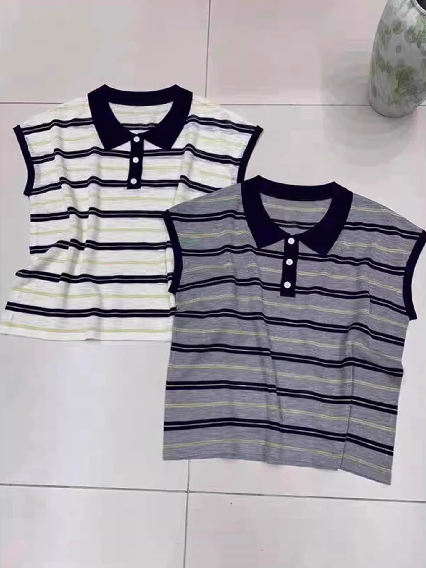 Breathable Color Blo Korean Sle Knitted Top Slim Fit Summer Design Loose ort Sve Striped T-irt Faionable Casual ...