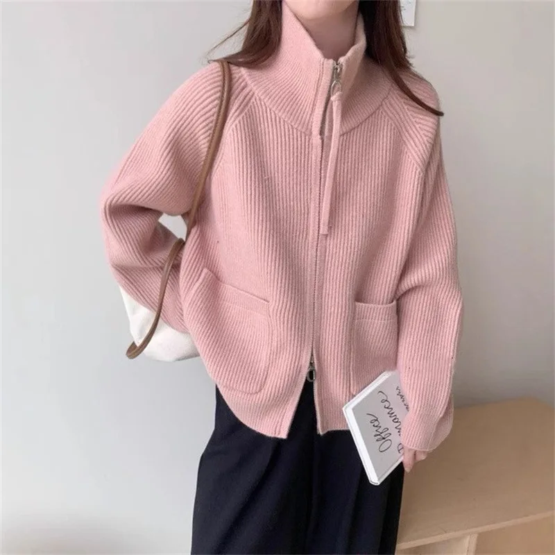 Opstaande Kraag Dubbele Rits Gebreid Vest Dames Top 2025 Herfst-winter Nieuwe Luie Stijl Losse Trui Jas