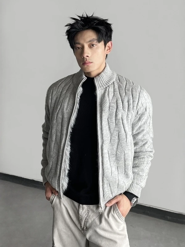 

American Retro Knitted Thiened Fce Collar Men's Winter Warm Heavy-du Casual Jaet Loose Fit Long Sve Zipper Closure