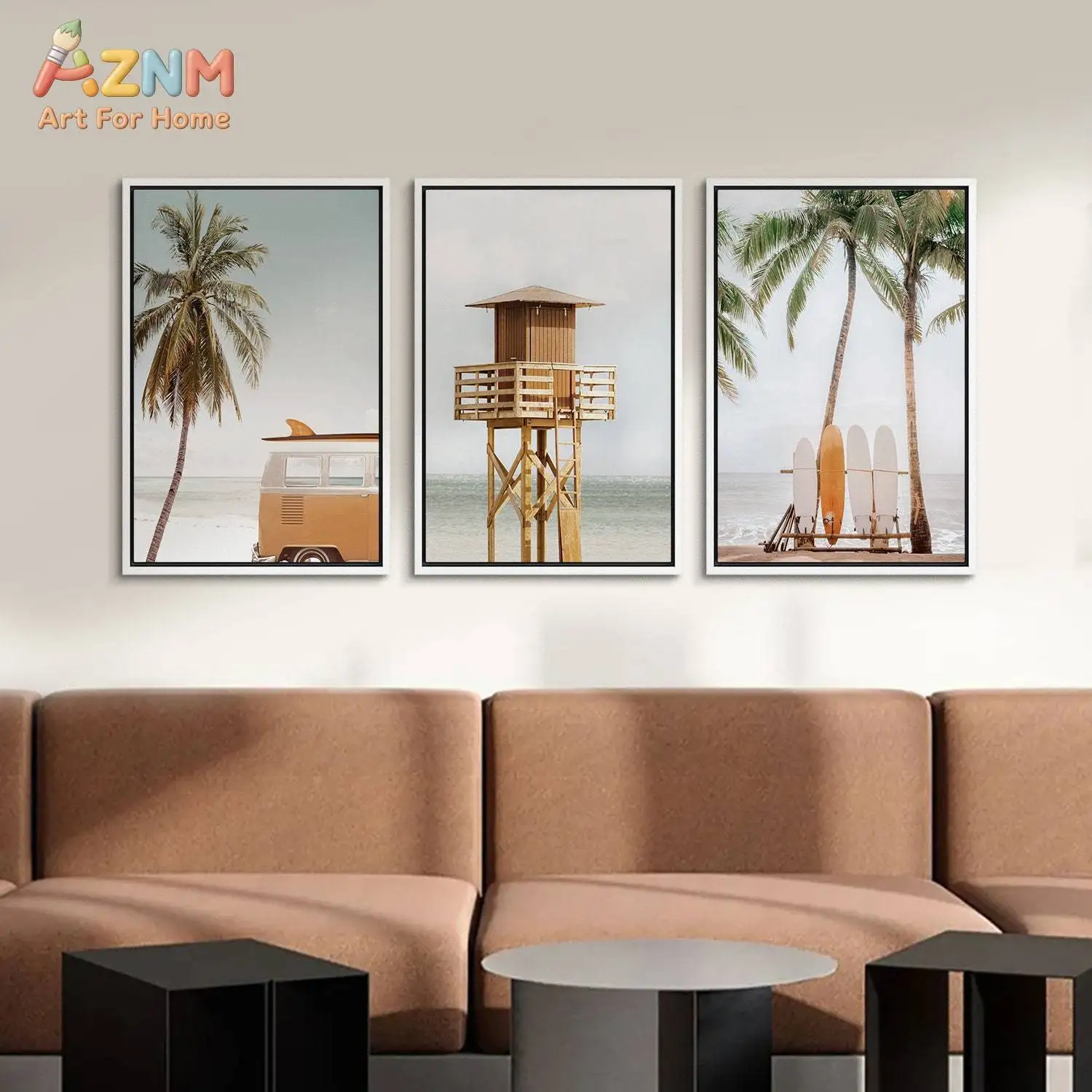 AZNM 3Pcs Boho Beach Canvas Wall Art, Palm Tree Surfboard Camper Van Lifeguard Tower Print Frameless Canvas Painting,