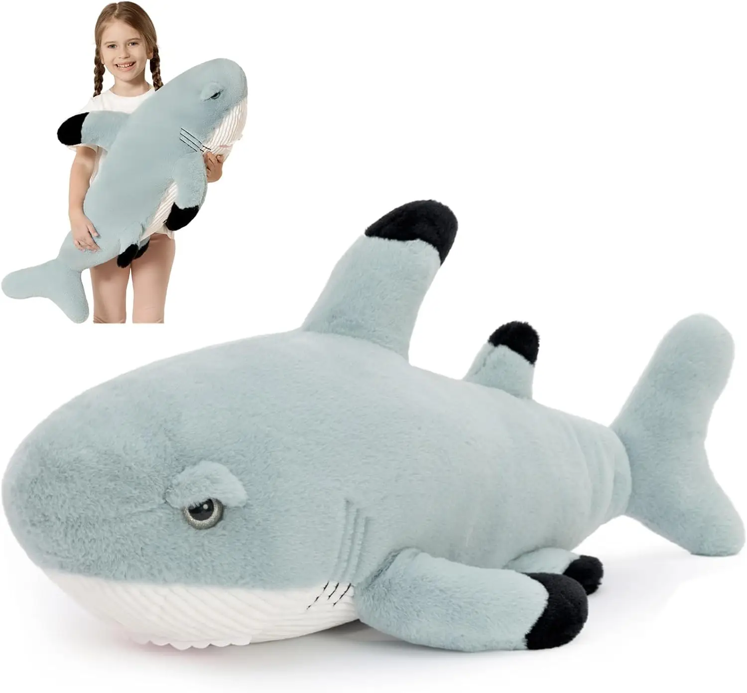 

Плюшевая игрушка-акула серого цвета, 32 дюйма, большая подушка-обнимашка 2,6 фута для детей и взрослых, реалистичный подарок в морском стиле