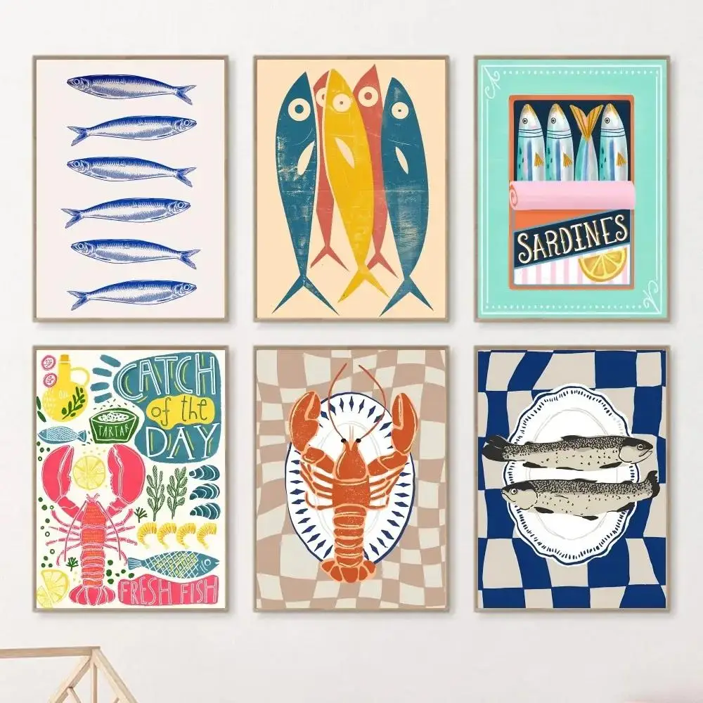 Animals Posters Canvas Paintings Modern Home Living Room Bedroom Bar Coffee Shop Art Decoration Colorful Sardine Lobsters Marine