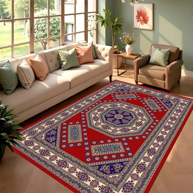 Red Blue Tribal Geometric Non-Slip Area Rug, Oriental Style Carpet for Living Room Floor Decoration