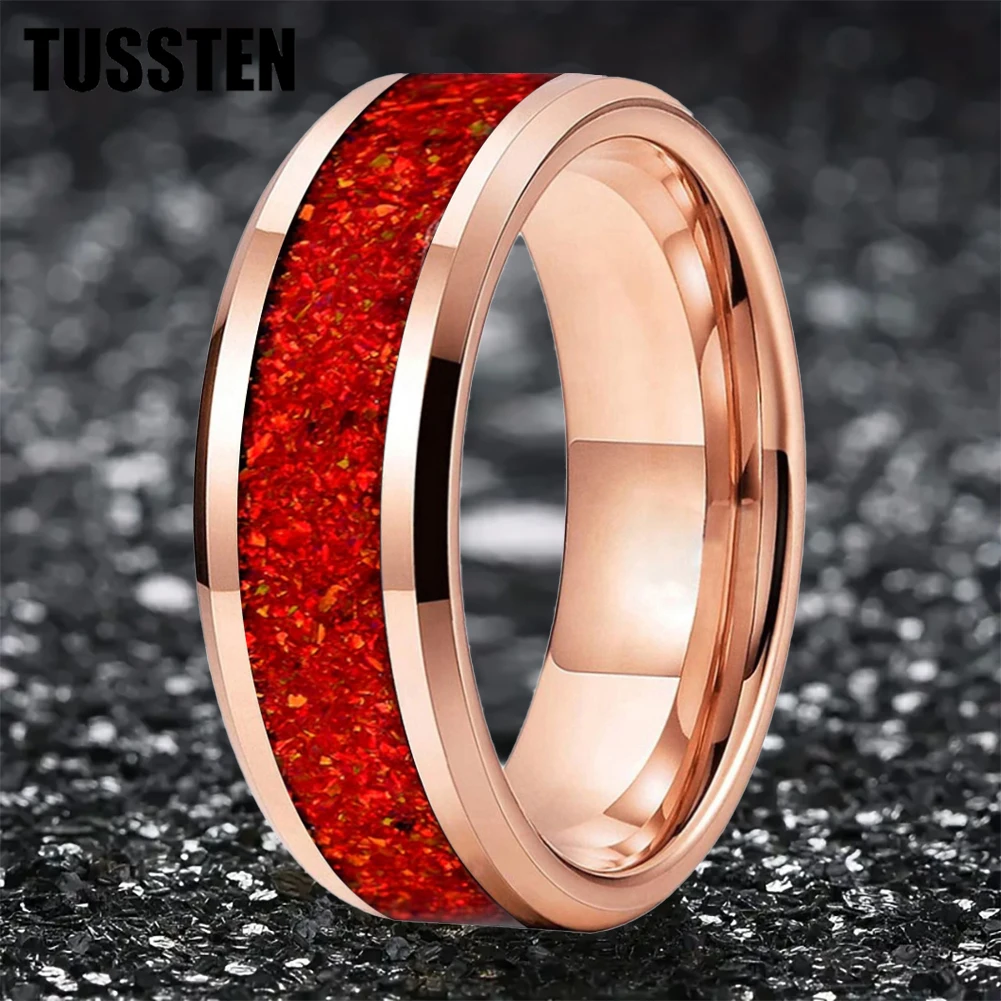 Dropshipping TUSSTEN 6/8MM Red Opal Inlay Pipe Cut Polished Tungsten Ring for Men Women Engagement Wedding Band