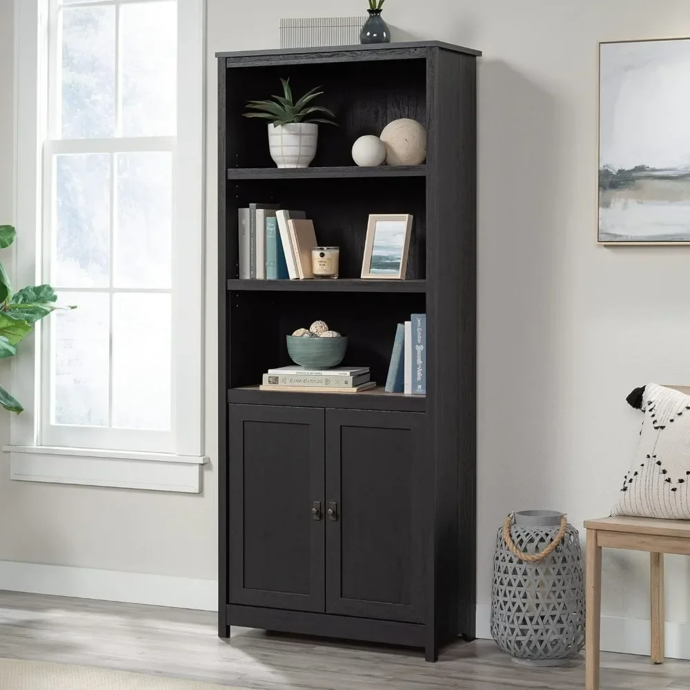 Sauder Cottage Road 5 Library Bookcase with Doors, Bookshelf, Raven Oak finish,3 Adjustable BookShelves