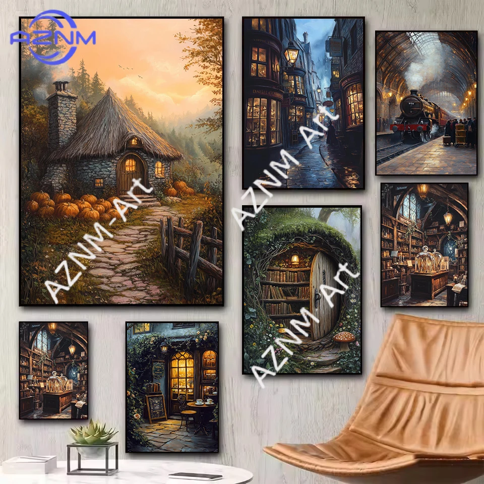 Vintage Wizards Bookstore Magic Train Potion House Movie Landscape Poster Canvas Painting Wall Art Pictures Home Interior Decor
