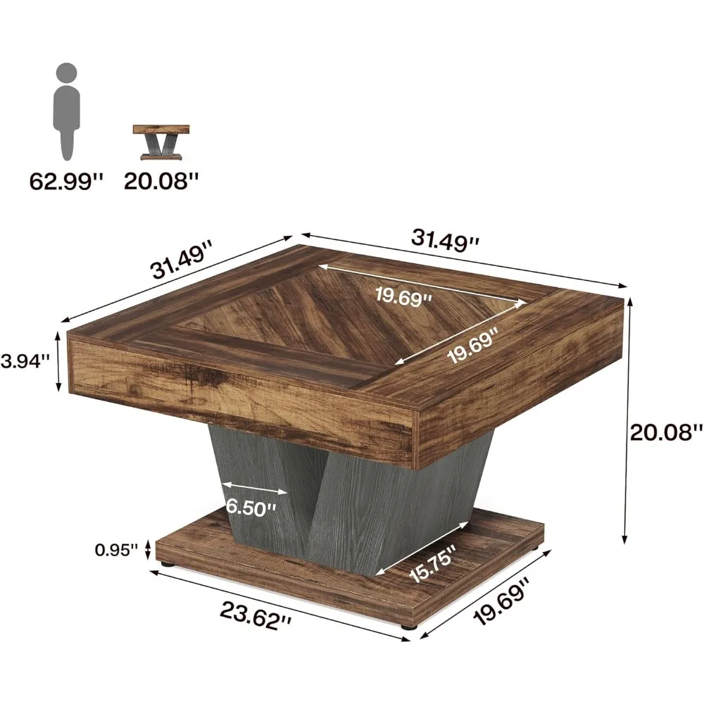 Square Coffee Table, Wood Center Table for Living Room, 31.5" Modern Cocktail Tea Accent Table, Rustic Brown & Black