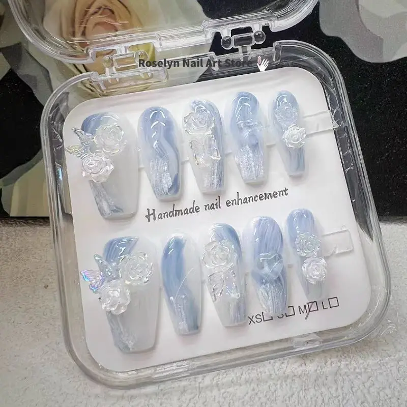 

New Blue Gradient Three-dimensional Camellia Pure Handmade Temperament, Niche Blending, Medium Length Nail Art Press on Nail